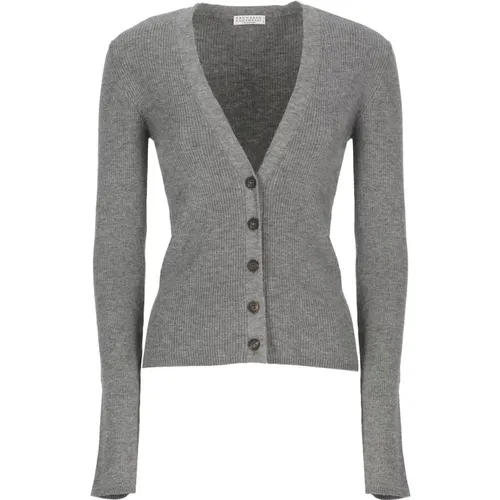 Graue Cashmere-Mischung V-Ausschnitt Strickjacke - BRUNELLO CUCINELLI - Modalova