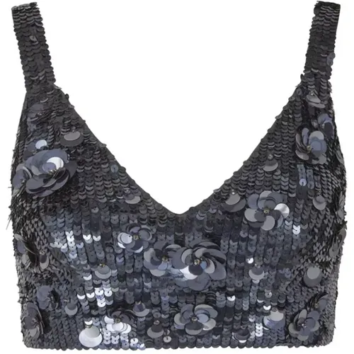 Graues Pailletten Crop Top mit Blumenstickerei , Damen, Größe: L - P.A.R.O.S.H. - Modalova