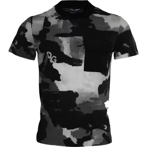 T-Shirts, male, , Size: XS Camouflage Cotton T-Shirt with Round Neck - Dolce & Gabbana - Modalova