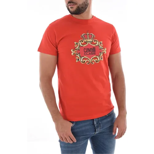 Rotes Logo T-Shirt 100% Baumwolle , Herren, Größe: L - Cavalli Class - Modalova