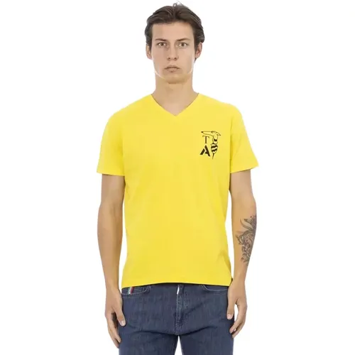 Hellgelbes V-Ausschnitt T-Shirt mit Brustprint , Herren, Größe: 2XL - Trussardi - Modalova