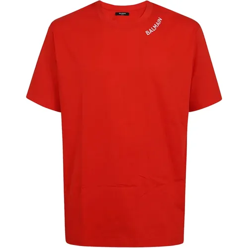 Stitch Kragen T-Shirt - Straight Fit , Herren, Größe: L - Balmain - Modalova