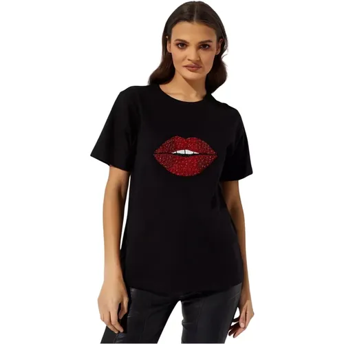 Schwarzes Lippen Grafik Damen T-Shirt - Retrofête - Modalova