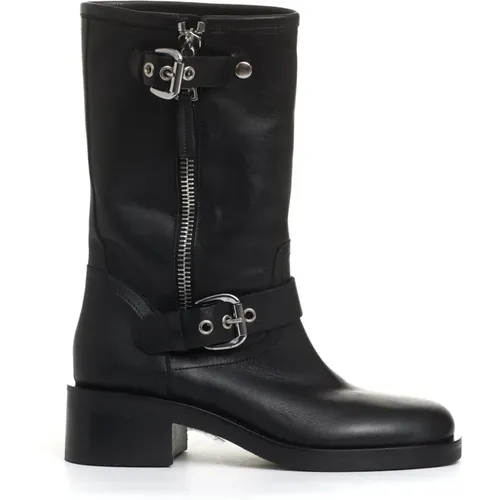 Schwarze Leder Ankle Biker Boots , Damen, Größe: 39 EU - Strategia - Modalova