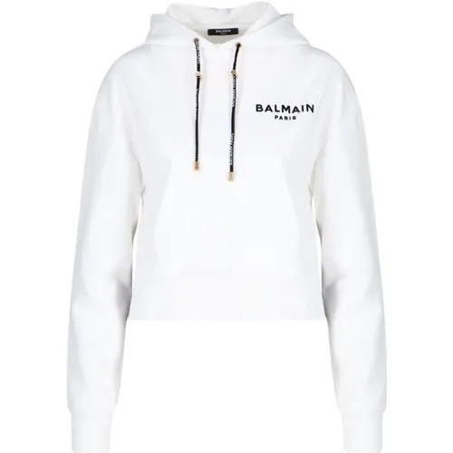 Weiße Logo-Kapuzenpullover mit Fronttasche - Balmain - Modalova