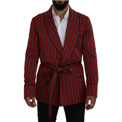 Striped Long Robe with Belted Closure , male, Sizes: M - Dolce & Gabbana - Modalova
