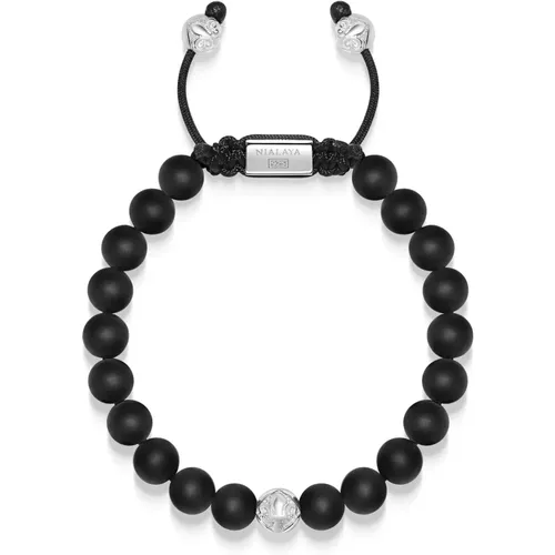 Mens Beaded Bracelet with Onyx and Sterling Silver Beads , Herren, Größe: S - Nialaya - Modalova