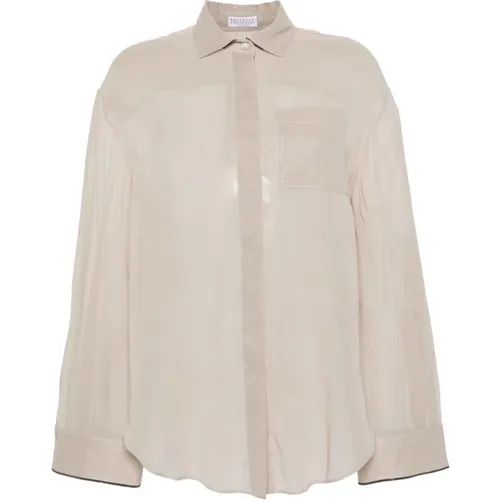 Quartz Grey Semi-Transparent Cotton Shirt with Monile Piping , female, Sizes: M - BRUNELLO CUCINELLI - Modalova