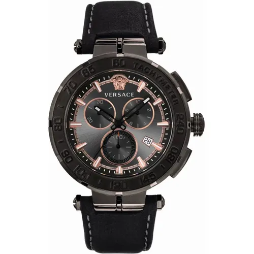 Watches, male, , Size: ONE SIZE Greca Chrono Leather Chronograph Watch - Versace - Modalova