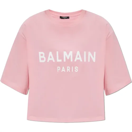 Kurzes T-Shirt mit bedrucktem Logo , Damen, Größe: S - Balmain - Modalova