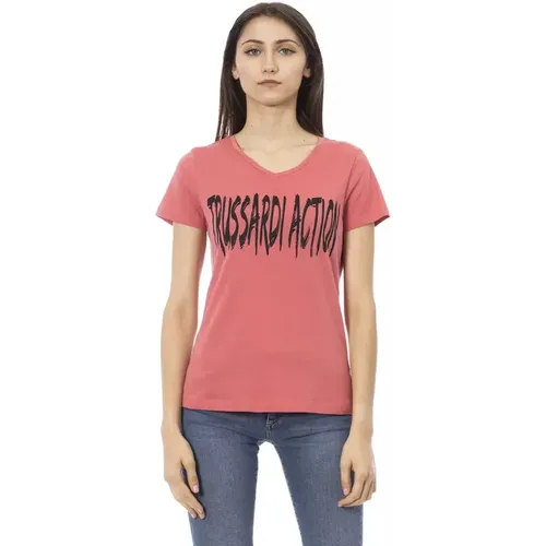 Rosa Baumwoll V-Ausschnitt T-Shirt mit Frontdruck , Damen, Größe: L - Trussardi - Modalova
