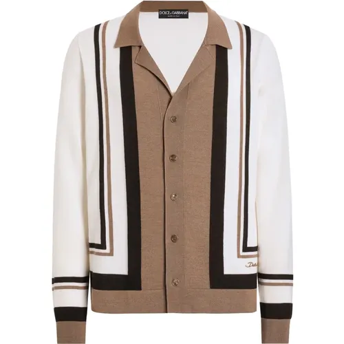 Cardigans, male, , Size: L Beige Sweater Shirt Collar Long Sleeves - Dolce & Gabbana - Modalova