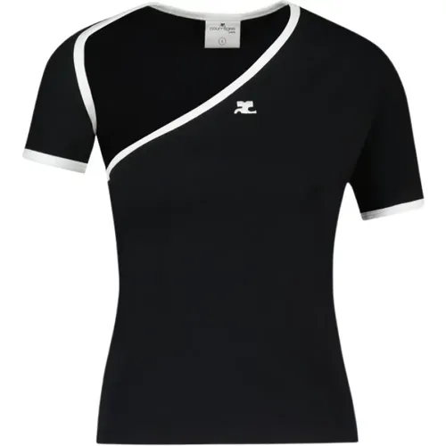 Schwarzes Kontrast Baumwoll T-Shirt , Damen, Größe: M - Courrèges - Modalova