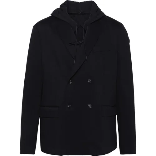 Blazers, male, , Size: S Wool Blend Hooded Jacket with Buttons - Emporio Armani - Modalova