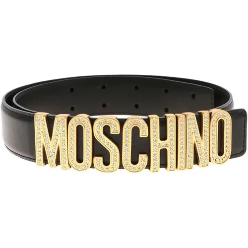 Schwarzer Ledergürtel mit metallischem Logodetail - Moschino - Modalova
