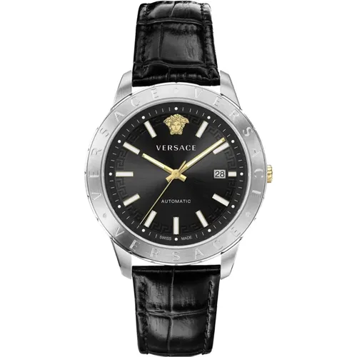 Watches, male, , Size: ONE SIZE Men's Leather Strap Date Window Watch - Versace - Modalova