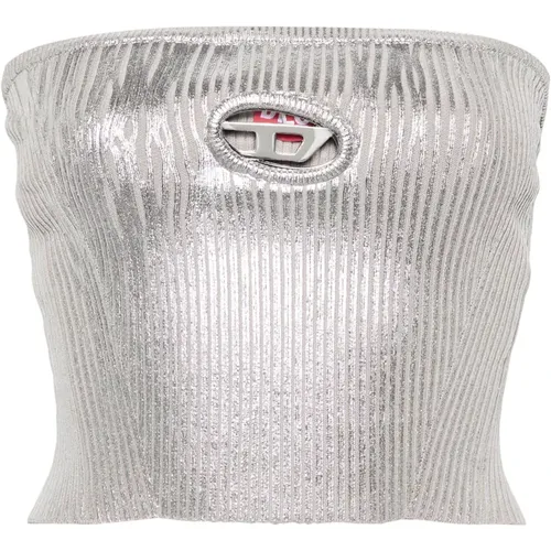 Silver Laminated Bandeau Top with Metal Oval D Logo , female, Sizes: M, XS, S - Diesel - Modalova