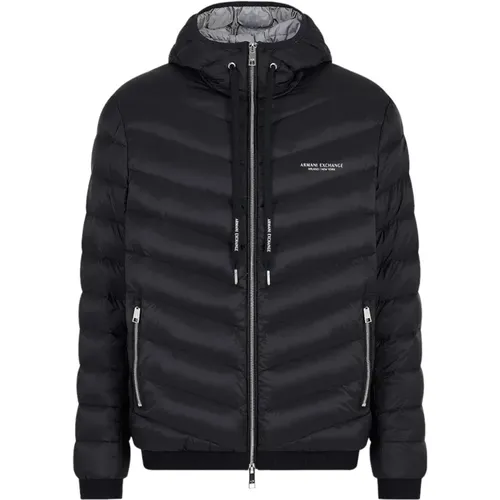 Melange Grey Hooded Down Jacket , male, Sizes: L, XL, M, 2XL, S - Armani Exchange - Modalova