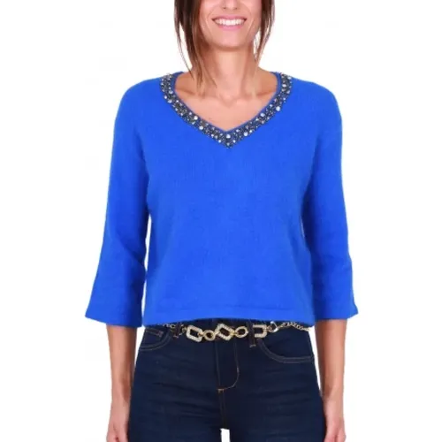 Blauer V-Ausschnitt Alpaka-Mix Pullover mit Strass-Detail , Damen, Größe: L - Liu Jo - Modalova