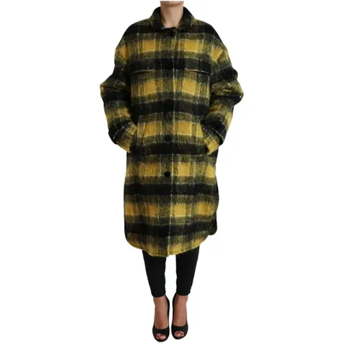 Single-Breasted Coats, female, , Size: XS Chic Plaid Long Coat in Sunshine Yellow - Dolce & Gabbana - Modalova