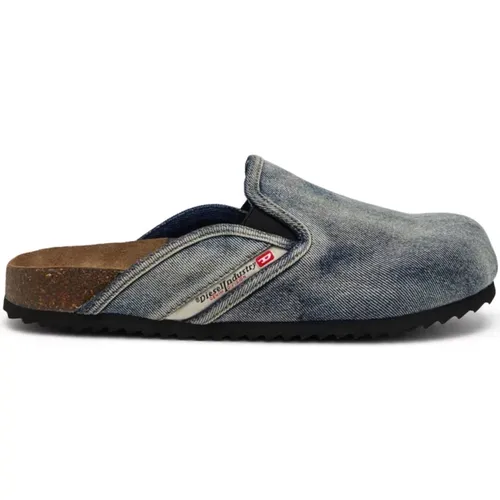 Mules, male, , Size: 8 US Indigo Slip-On Logo Footbed - Diesel - Modalova