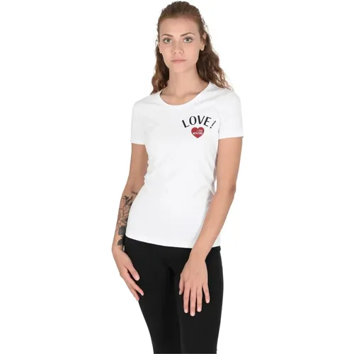 Weißes Baumwollmischung T-Shirt , Damen, Größe: XS - Love Moschino - Modalova