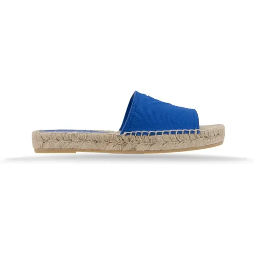 Sliders, female, , Size: 5 US Canvas Slip-On Espadrilles with Leather Patch - Prada - Modalova