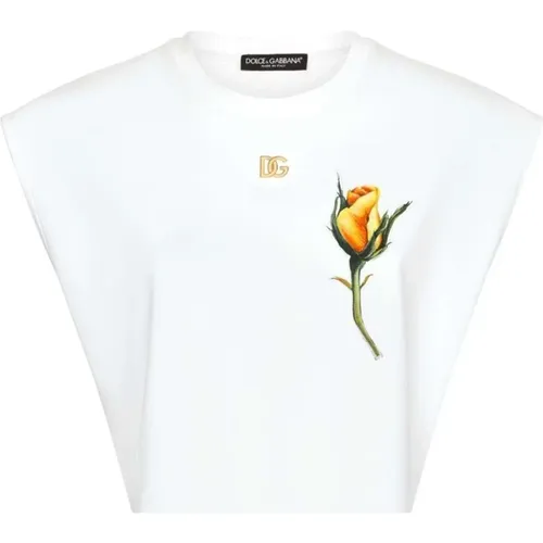 Blumenapplikation Cropped T-Shirt , Damen, Größe: S - Dolce & Gabbana - Modalova