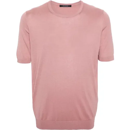 Salmon Silk T-shirt Ribbed Crewneck Short Sleeve , male, Sizes: 2XL - Tagliatore - Modalova