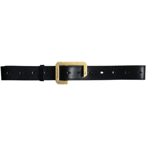 Belts, male, , Size: M Navy Leather Belt with Striped Gold Metal Buckle - Zadig & Voltaire - Modalova