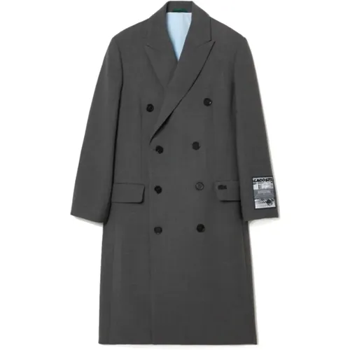 Double-Breasted Coats, male, , Size: XL Long Wool Blend Coat in Grey - Lacoste - Modalova