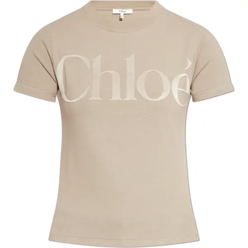 T-Shirt mit Samt-Logo-Finish , Damen, Größe: L - Chloé - Modalova