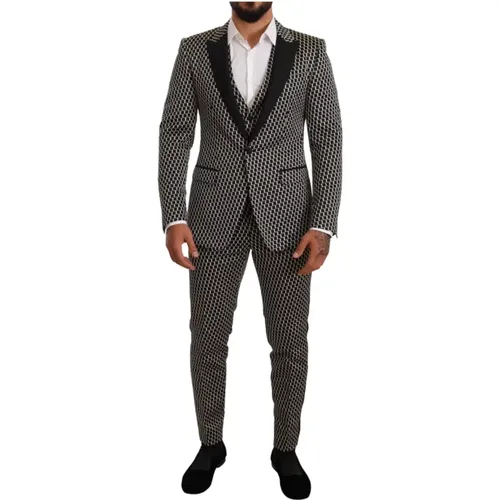 Single Breasted Suits, male, , Size: M White Check 3 Piece Martini Suit - Dolce & Gabbana - Modalova