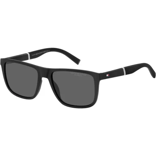 Matt Schwarze Sonnenbrille mit Grauen Polarisierten Gläsern , unisex, Größe: 56 MM - Tommy Hilfiger - Modalova