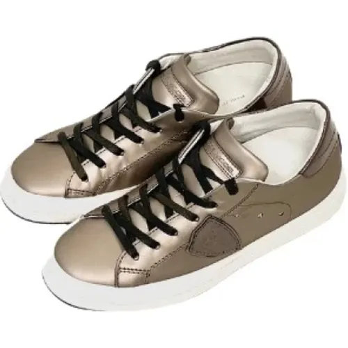 Metallisch Bronze Leder Low Top Sneakers , Damen, Größe: 37 EU - Philippe Model - Modalova