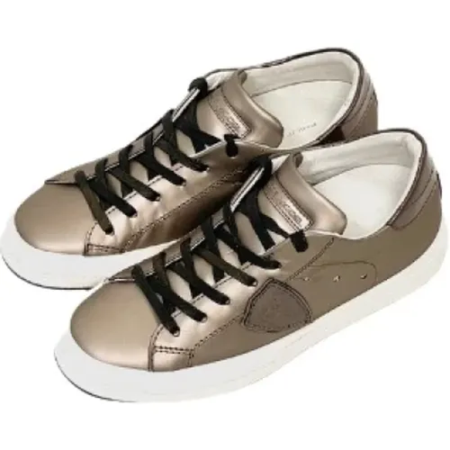 Metallisch Bronze Leder Low Top Sneakers , Herren, Größe: 37 EU - Philippe Model - Modalova