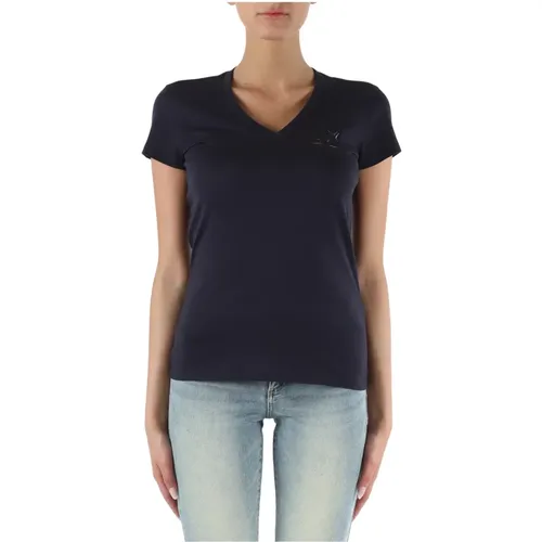 V-neck Cotton T-shirt with Logo Print , female, Sizes: L, S - Armani Exchange - Modalova