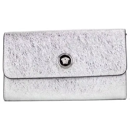 Metallic Silver Lamb Leather Clutch Wallet Bag , female, Sizes: ONE SIZE - Versace - Modalova