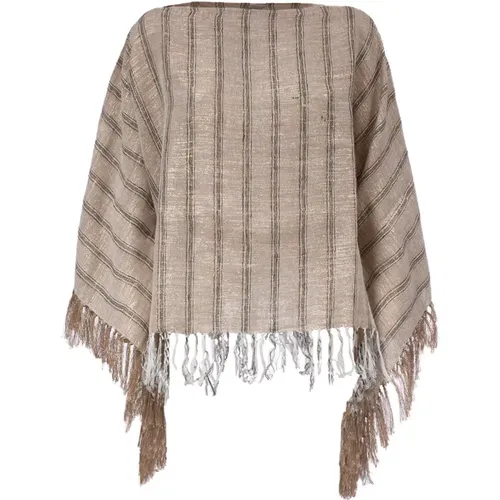 Capes, female, , Size: ONE SIZE Vertical Striped Fringed Linen Poncho - BRUNELLO CUCINELLI - Modalova