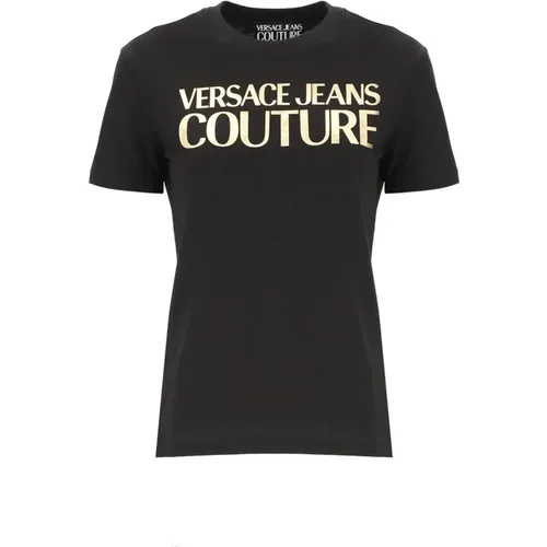 Schwarzes Baumwoll-T-Shirt mit goldenem Logo , Damen, Größe: L - Versace Jeans Couture - Modalova