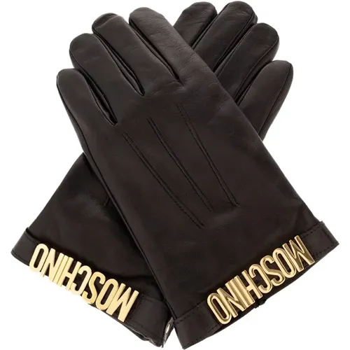 Gloves, male, , Size: 9 1/2 IN Leather gloves with logo - Moschino - Modalova