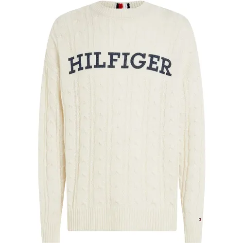 Round-neck Knitwear, male, , Size: L Monotype Crew Neck Cable Sweater - Tommy Hilfiger - Modalova