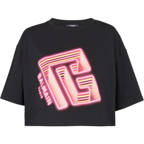 Crop T-Shirt mit neonbedrucktem Labyrinth-Logo , Damen, Größe: XS - Balmain - Modalova