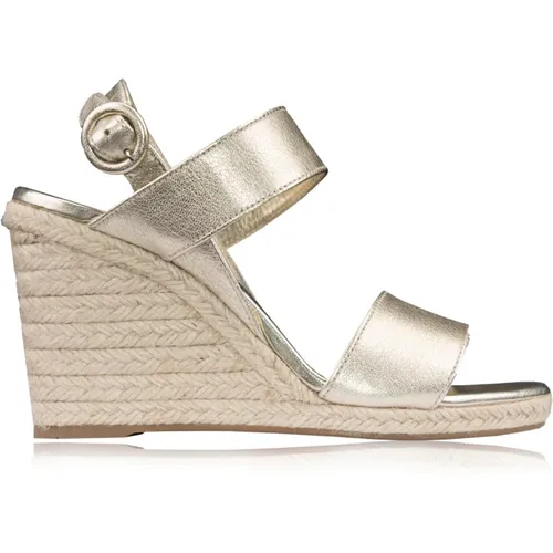 Wedges, female, , Size: 8 US Gold Leather Espadrille Sandals with Buckle - Prada - Modalova