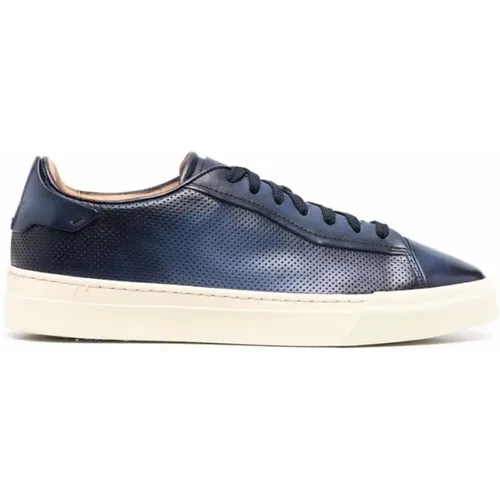 Sneakers, male, , Size: 7 1/2 US Navy Leather Trainers - Santoni - Modalova