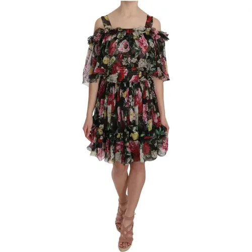 Silk Chiffon Floral Cold Shoulder Mini Dress , female, Sizes: 2XS - Dolce & Gabbana - Modalova
