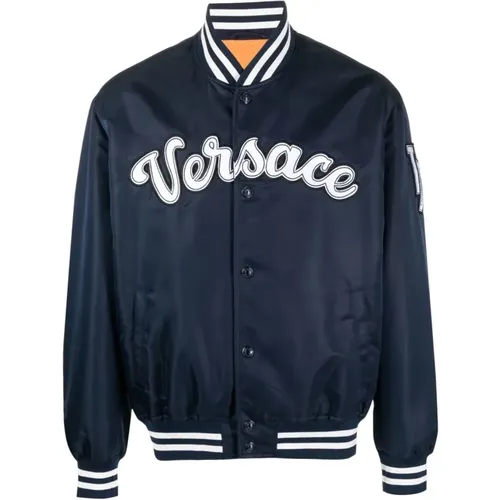 Bomber Jackets, male, , Size: XL Navy Logo Patch Bomber Jacket - Versace - Modalova