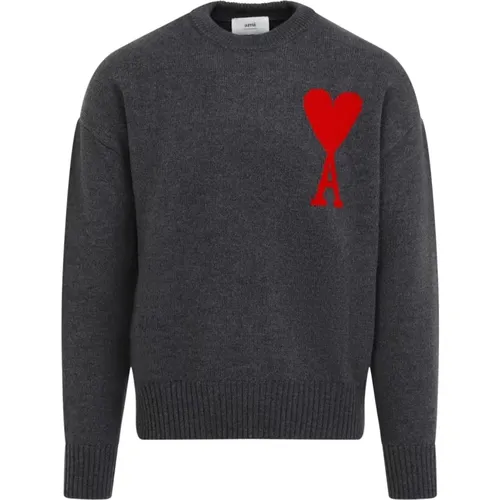 Klassischer Grauer Strickpullover , Herren, Größe: M - Ami Paris - Modalova