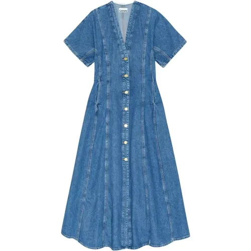 Blaues Denim V-Ausschnitt Kleid , Damen, Größe: S - Ganni - Modalova