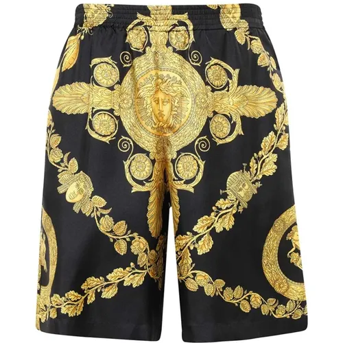Luxuriöse schwarze Seiden-Shorts mit Kordelzug - Versace - Modalova